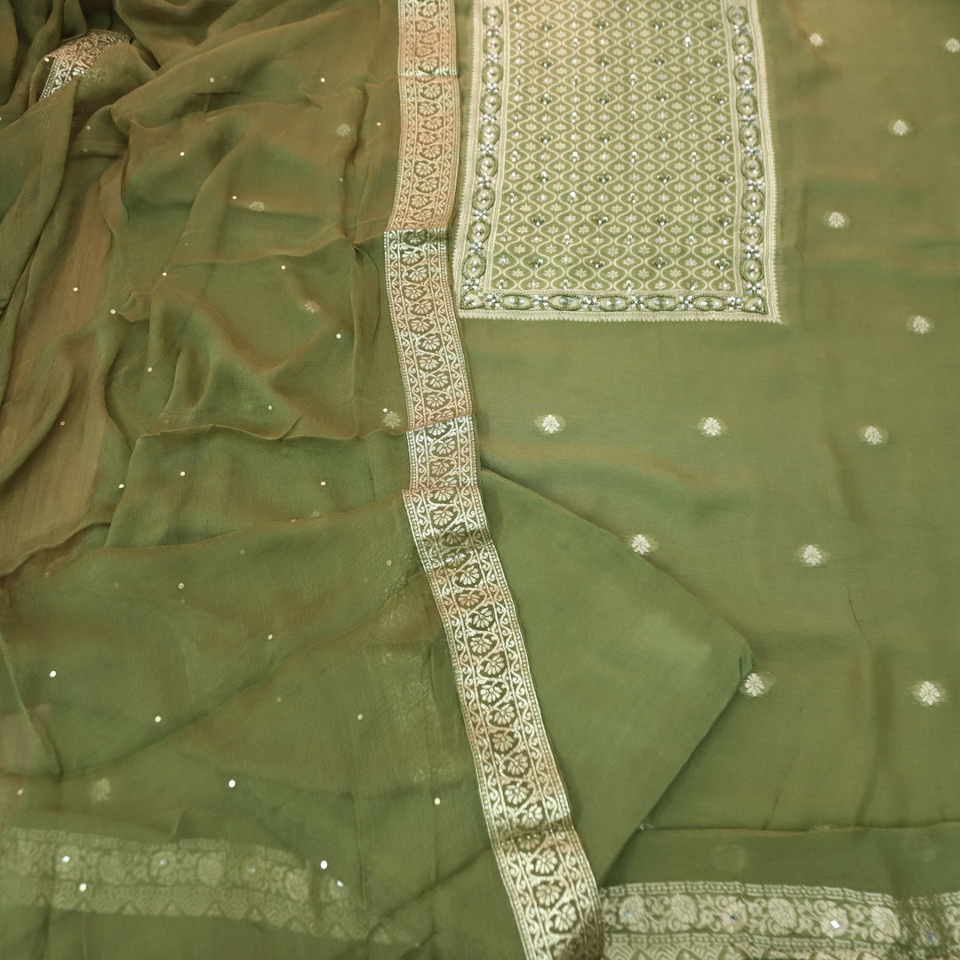 Mourya Olive Green Zari with French Knot Work Organza Suit Set