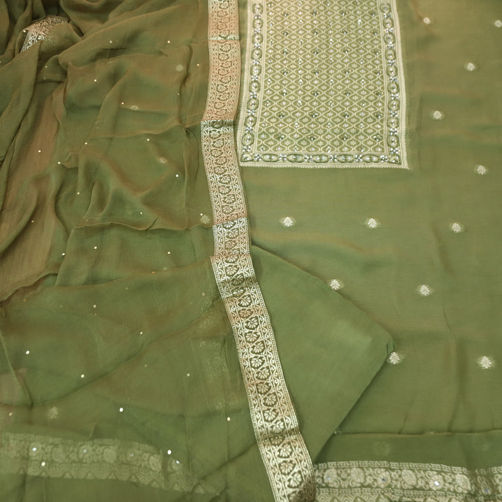 Mourya Olive Green Zari with French Knot Work Organza Suit Set