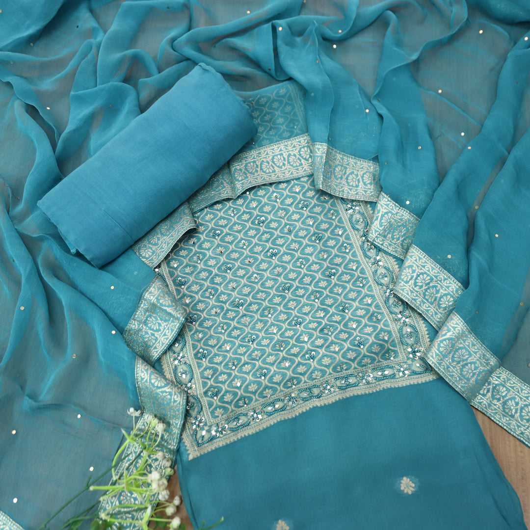 Mourya Sapphire Blue Zari with French Knot Work Organza Suit Set