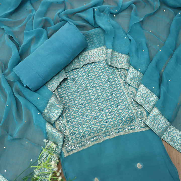 Mourya Sapphire Blue Zari with French Knot Work Organza Suit Set