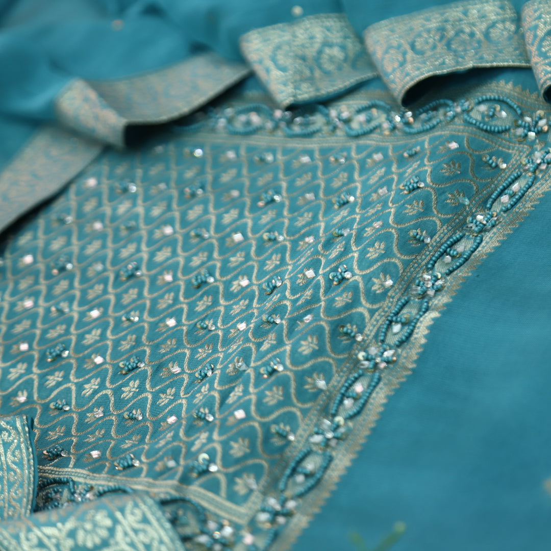 Mourya Sapphire Blue Zari with French Knot Work Organza Suit Set