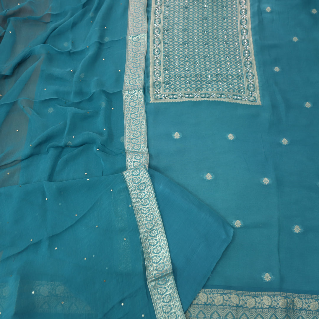 Mourya Sapphire Blue Zari with French Knot Work Organza Suit Set