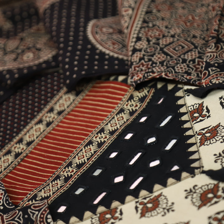 Manchala Ivory Beige with Black Kutch Patch and Mirror in Ajrak Print Cotton Set