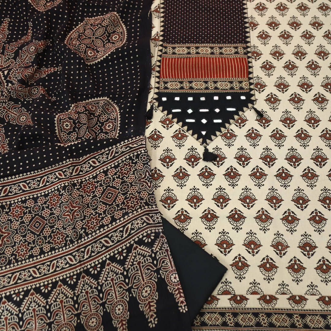 Manchala Ivory Beige with Black Kutch Patch and Mirror in Ajrak Print Cotton Set