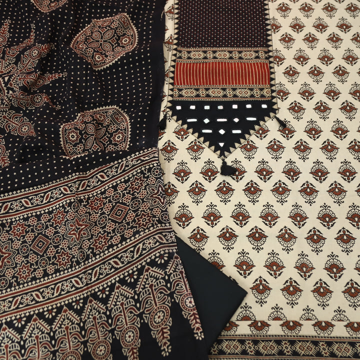 Manchala Ivory Beige with Black Kutch Patch and Mirror in Ajrak Print Cotton Set