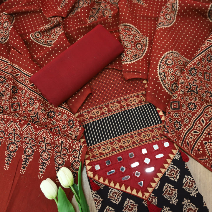 Manchala Faded Black with Red Kutch Patch and Mirror in Ajrak Print Cotton Set
