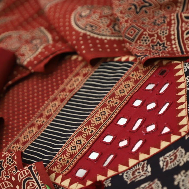 Manchala Faded Black with Red Kutch Patch and Mirror in Ajrak Print Cotton Set