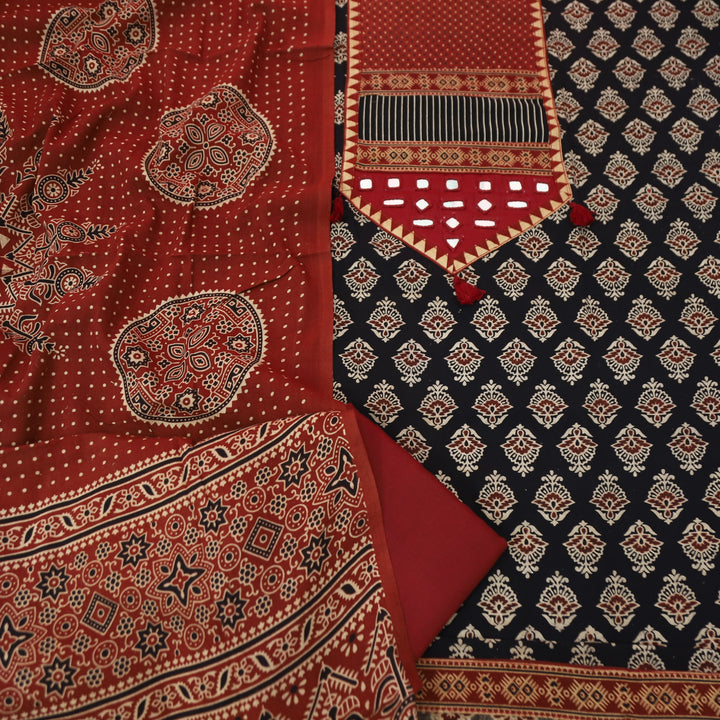 Manchala Faded Black with Red Kutch Patch and Mirror in Ajrak Print Cotton Set