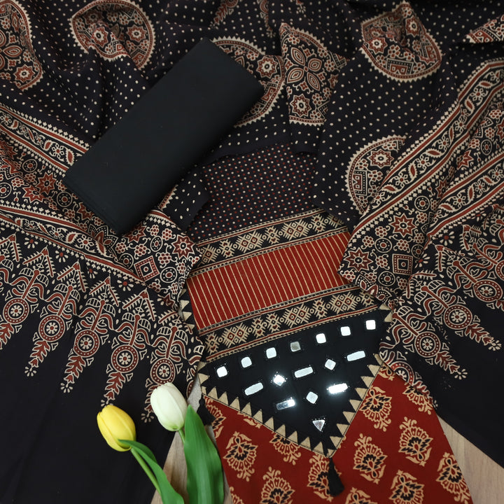 Manchala Maroon Red with Black Kutch Patch and Mirror in Ajrak Print Cotton Set