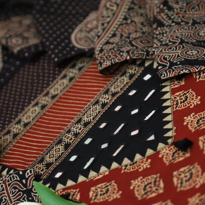 Manchala Maroon Red with Black Kutch Patch and Mirror in Ajrak Print Cotton Set