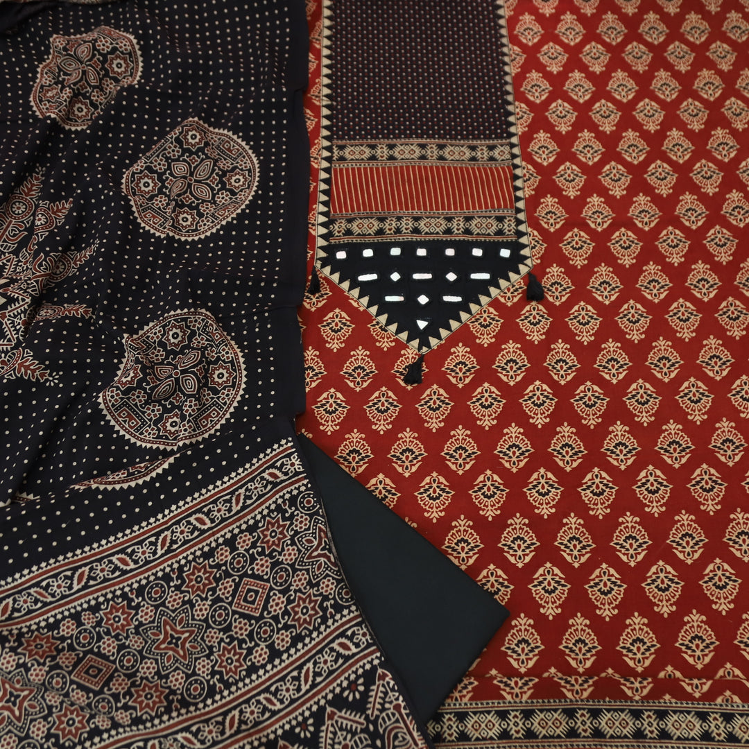 Manchala Maroon Red with Black Kutch Patch and Mirror in Ajrak Print Cotton Set