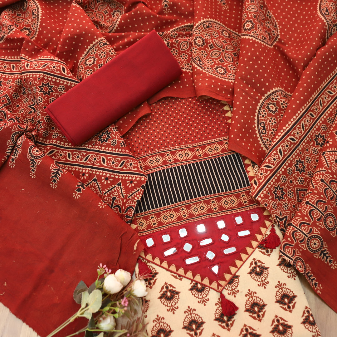 Manchala Ivory Beige with Red Kutch Patch and Mirror in Ajrak Print Cotton Set