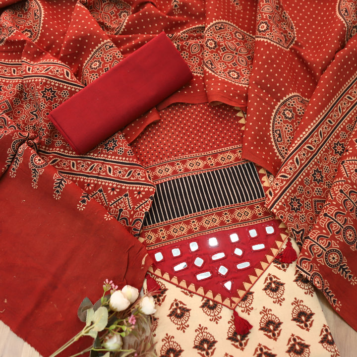 Manchala Ivory Beige with Red Kutch Patch and Mirror in Ajrak Print Cotton Set
