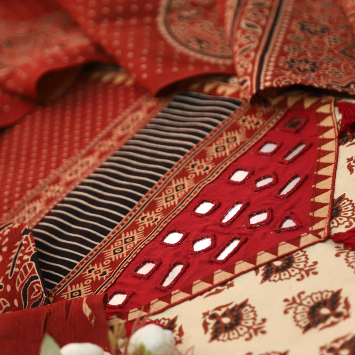 Manchala Ivory Beige with Red Kutch Patch and Mirror in Ajrak Print Cotton Set