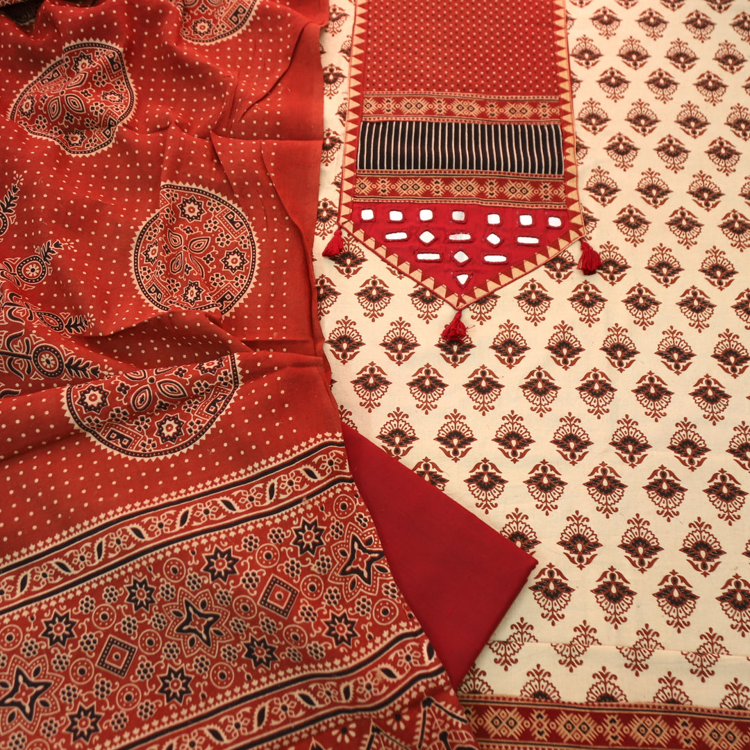 Manchala Ivory Beige with Red Kutch Patch and Mirror in Ajrak Print Cotton Set