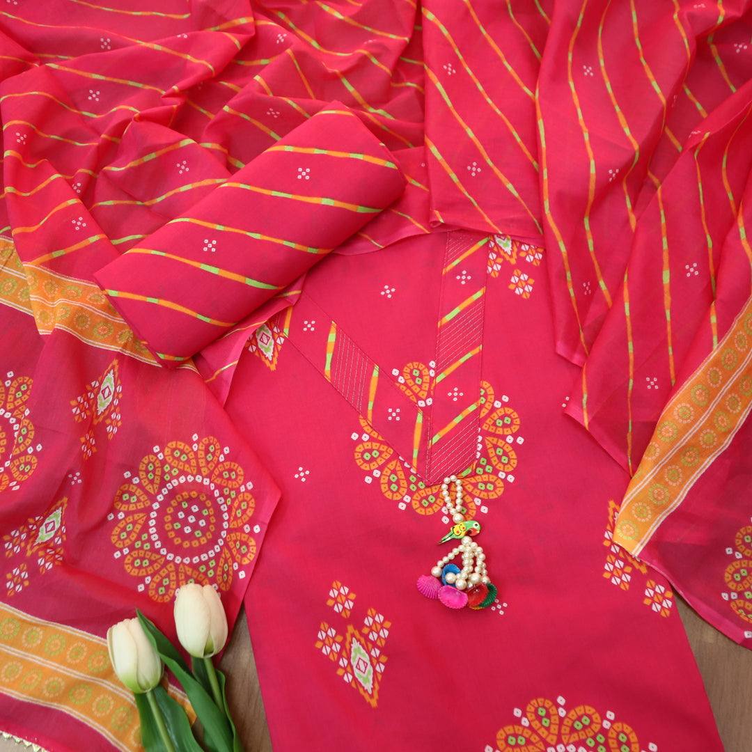 Riwa Barbie Pink V Neck with Hanging in Bandhani Printed Cotton Suit Set