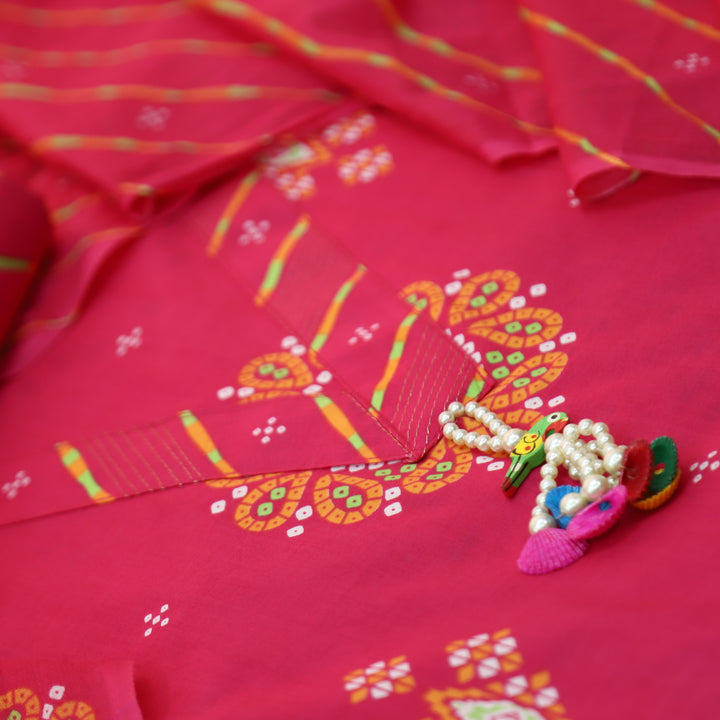 Riwa Barbie Pink V Neck with Hanging in Bandhani Printed Cotton Suit Set