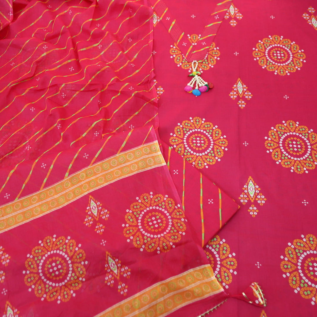 Riwa Barbie Pink V Neck with Hanging in Bandhani Printed Cotton Suit Set