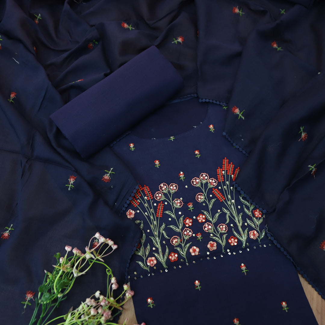 Kamaya Indigo Blue Embroidered Neck Work with Sequine Cotton 3 Piece Set