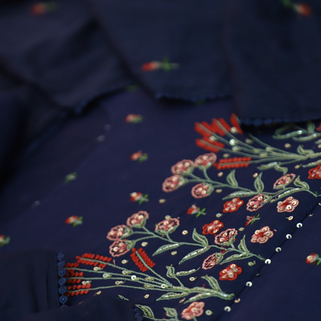 Kamaya Indigo Blue Embroidered Neck Work with Sequine Cotton 3 Piece Set