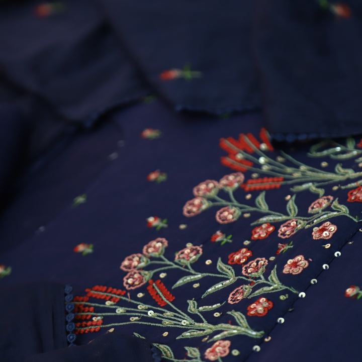 Kamaya Indigo Blue Embroidered Neck Work with Sequine Cotton 3 Piece Set