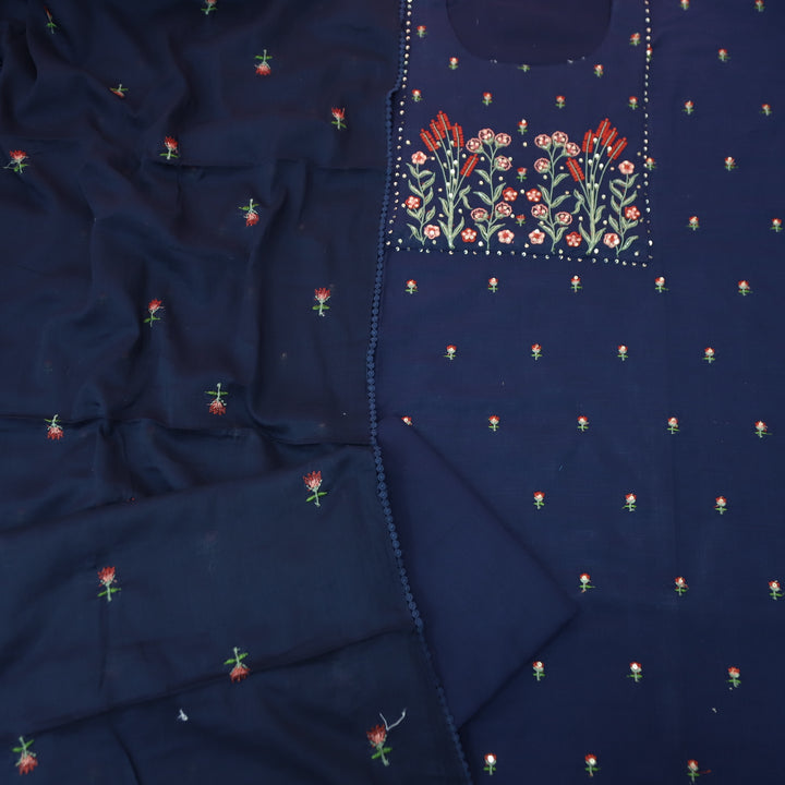 Kamaya Indigo Blue Embroidered Neck Work with Sequine Cotton 3 Piece Set