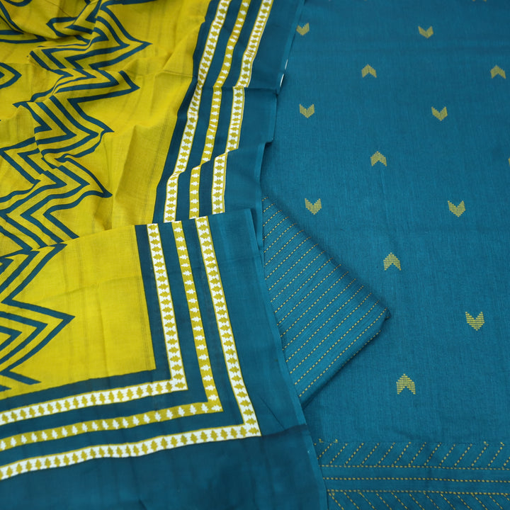 Kamaya Cerulean Teal All Over Thread Weaved with Embroidered Hem Cotton Set
