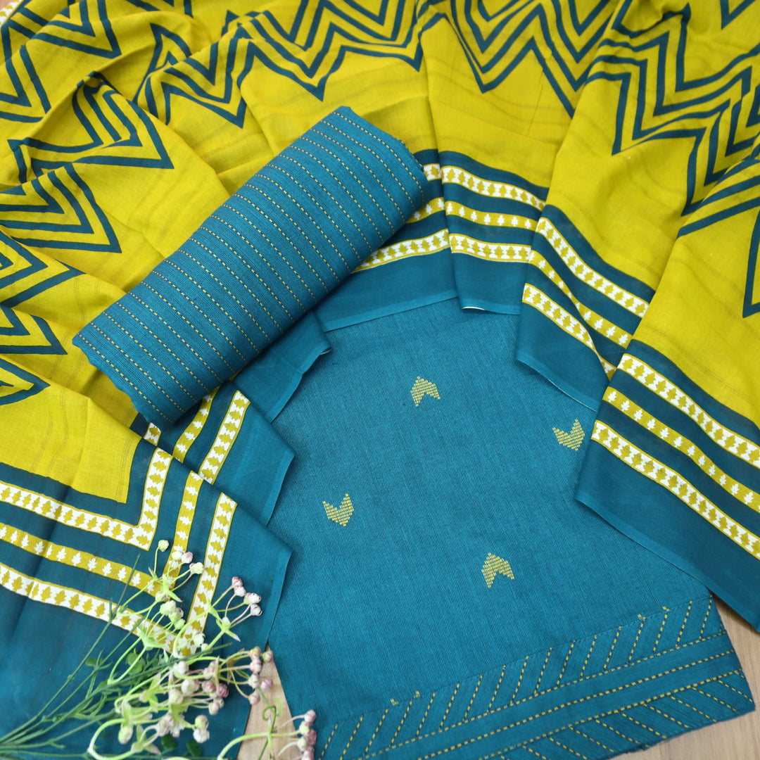 Kamaya Cerulean Teal All Over Thread Weaved with Embroidered Hem Cotton Set