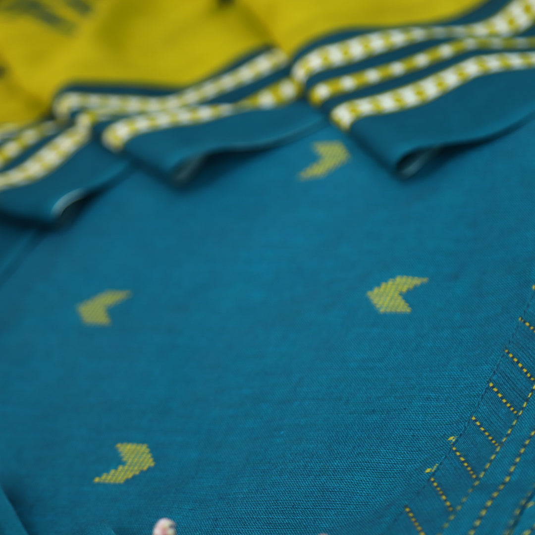 Kamaya Cerulean Teal All Over Thread Weaved with Embroidered Hem Cotton Set