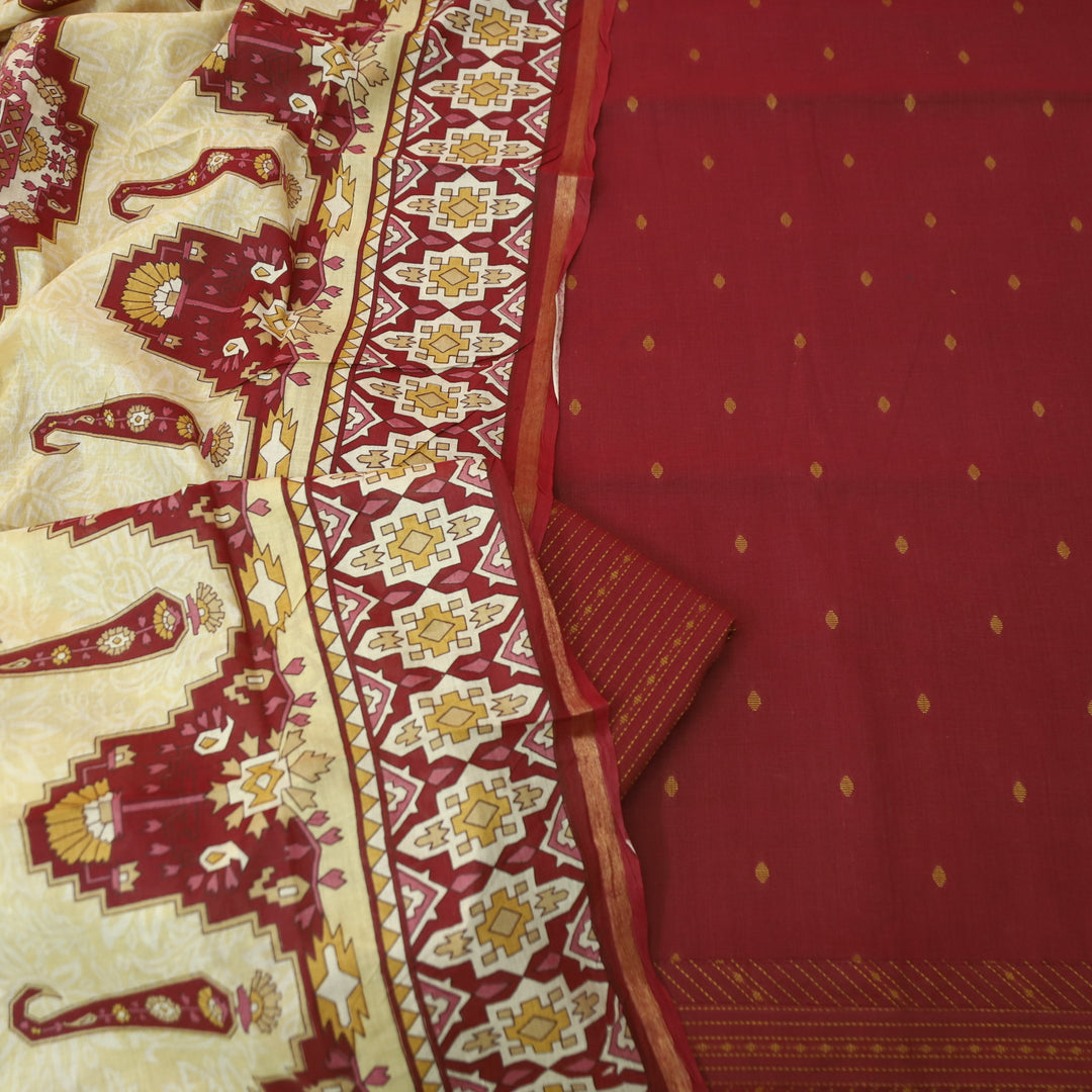 Kamaya Maroon Red All Over Thread Weaved with Embroidered Hem Cotton Set