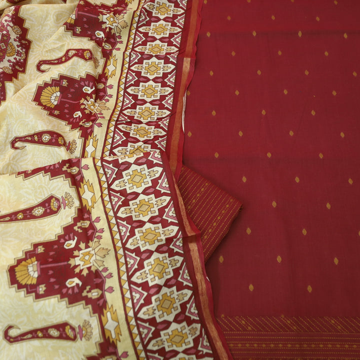 Kamaya Maroon Red All Over Thread Weaved with Embroidered Hem Cotton Set
