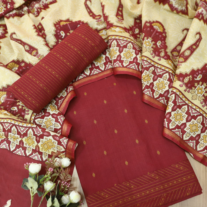 Kamaya Maroon Red All Over Thread Weaved with Embroidered Hem Cotton Set