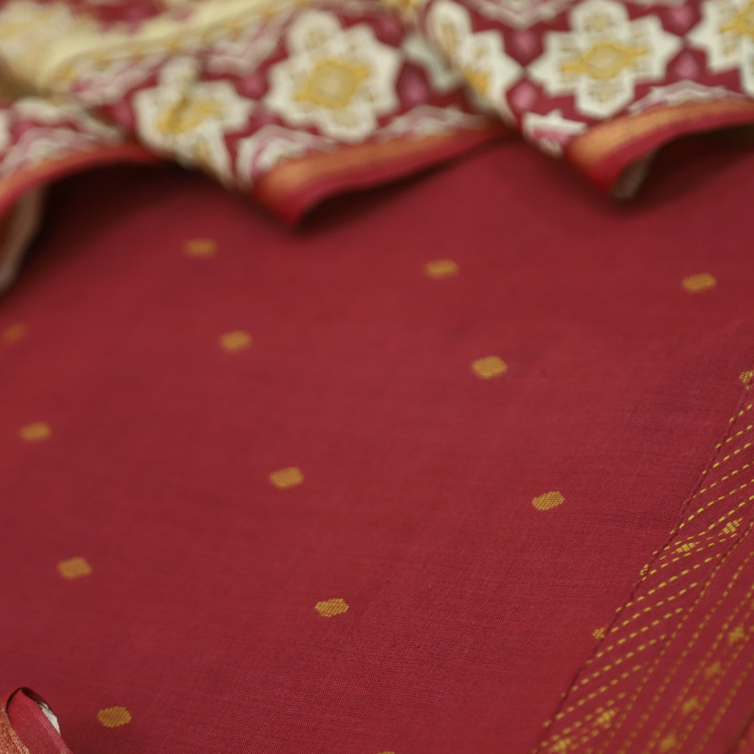 Kamaya Maroon Red All Over Thread Weaved with Embroidered Hem Cotton Set