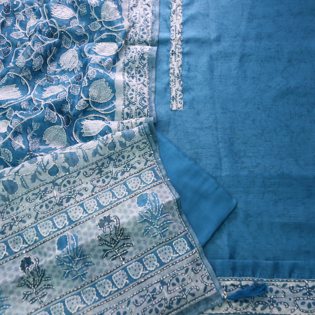 Hairat Sapphire Blue Kantha Embroidery Chanderi Top with Kantha Work Dupatta Set