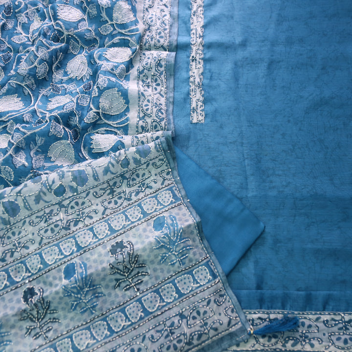 Hairat Sapphire Blue Kantha Embroidery Chanderi Top with Kantha Work Dupatta Set