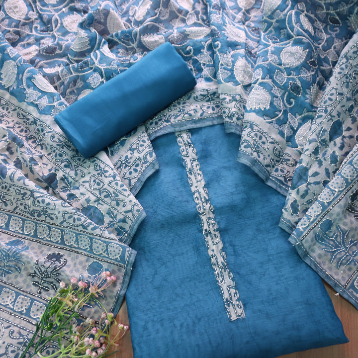 Hairat Sapphire Blue Kantha Embroidery Chanderi Top with Kantha Work Dupatta Set