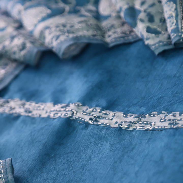 Hairat Sapphire Blue Kantha Embroidery Chanderi Top with Kantha Work Dupatta Set