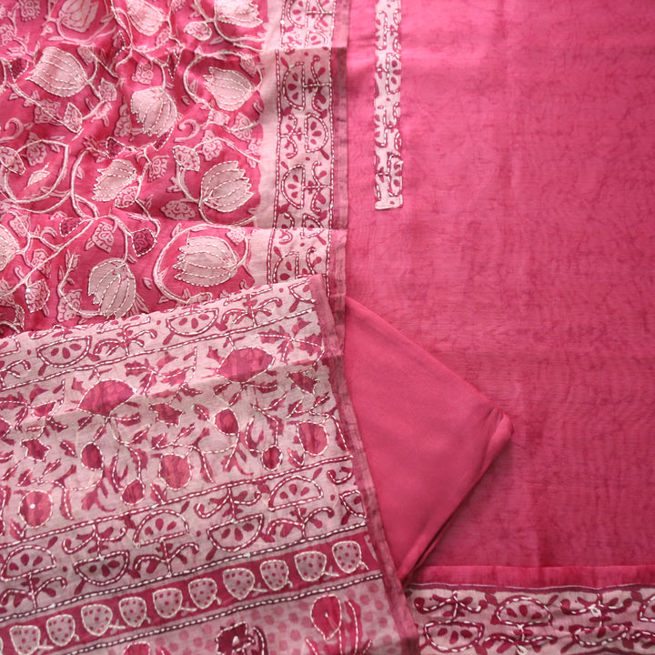 Hairat Mauve Blush Kantha Embroidery Chanderi Top with Kantha Work Dupatta Set