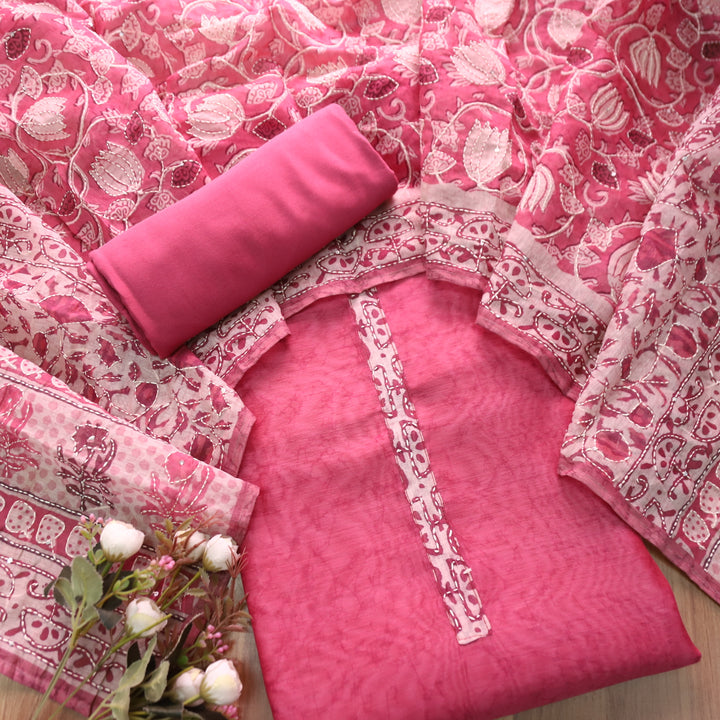 Hairat Mauve Blush Kantha Embroidery Chanderi Top with Kantha Work Dupatta Set
