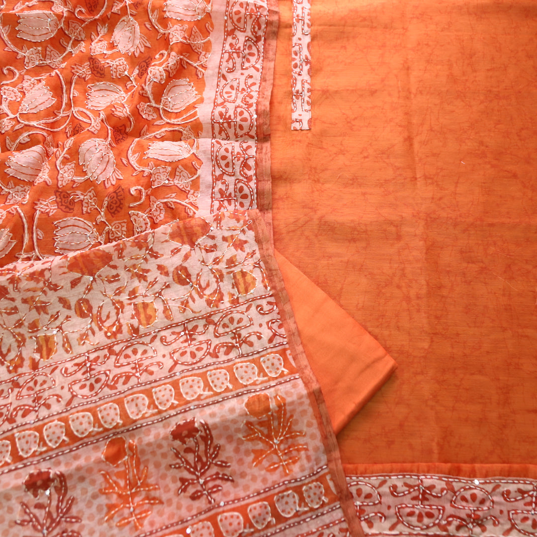 Hairat Tangerine Rust Kantha Embroidery Chanderi Top with Kantha Work Dupatta Set