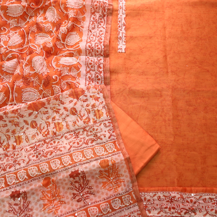 Hairat Tangerine Rust Kantha Embroidery Chanderi Top with Kantha Work Dupatta Set