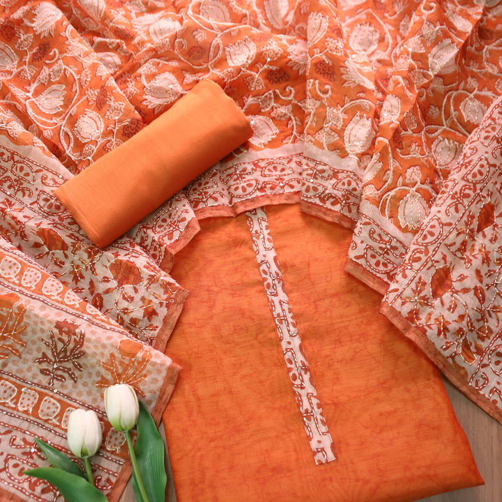 Hairat Tangerine Rust Kantha Embroidery Chanderi Top with Kantha Work Dupatta Set