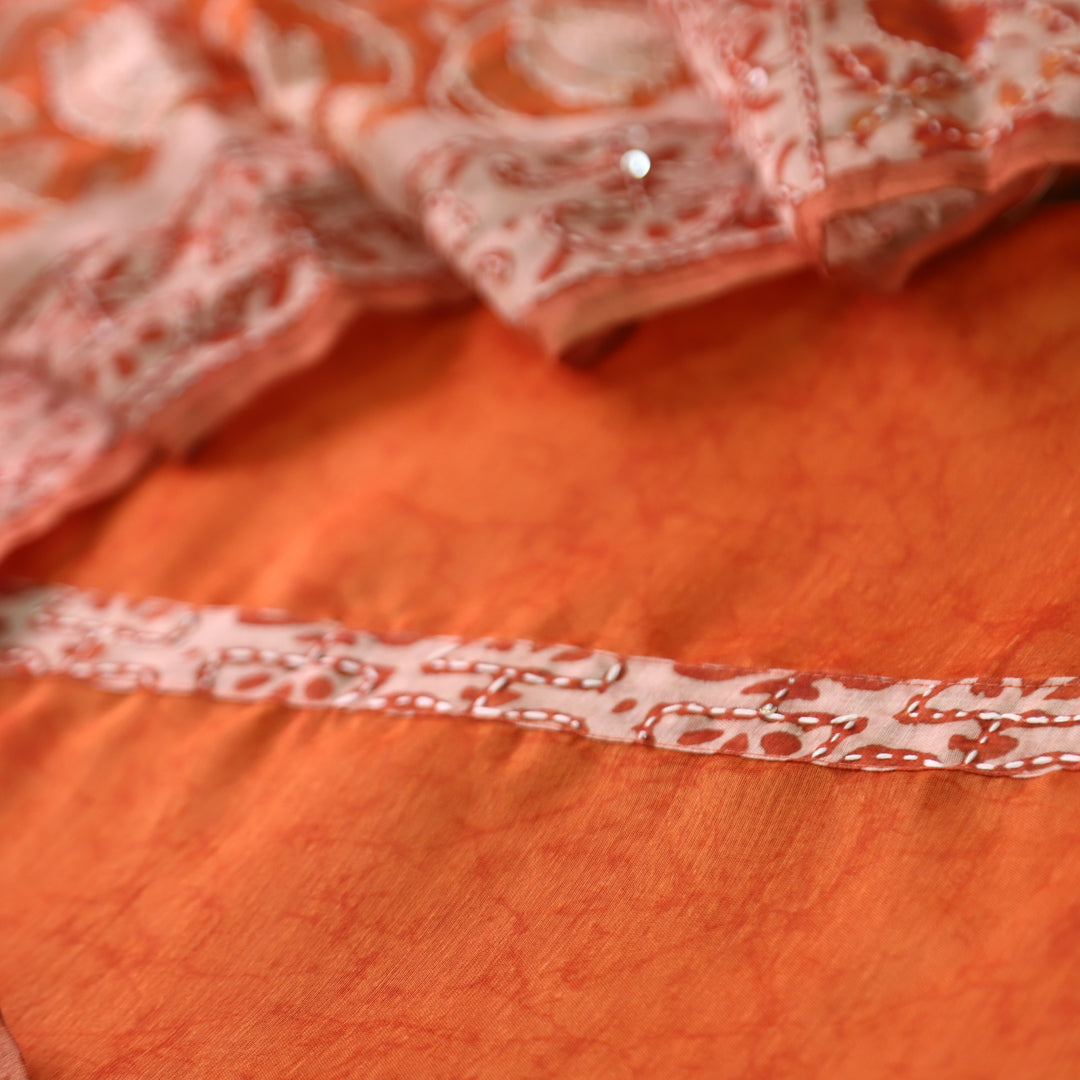 Hairat Tangerine Rust Kantha Embroidery Chanderi Top with Kantha Work Dupatta Set