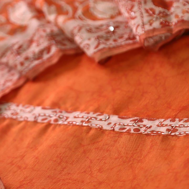 Hairat Tangerine Rust Kantha Embroidery Chanderi Top with Kantha Work Dupatta Set