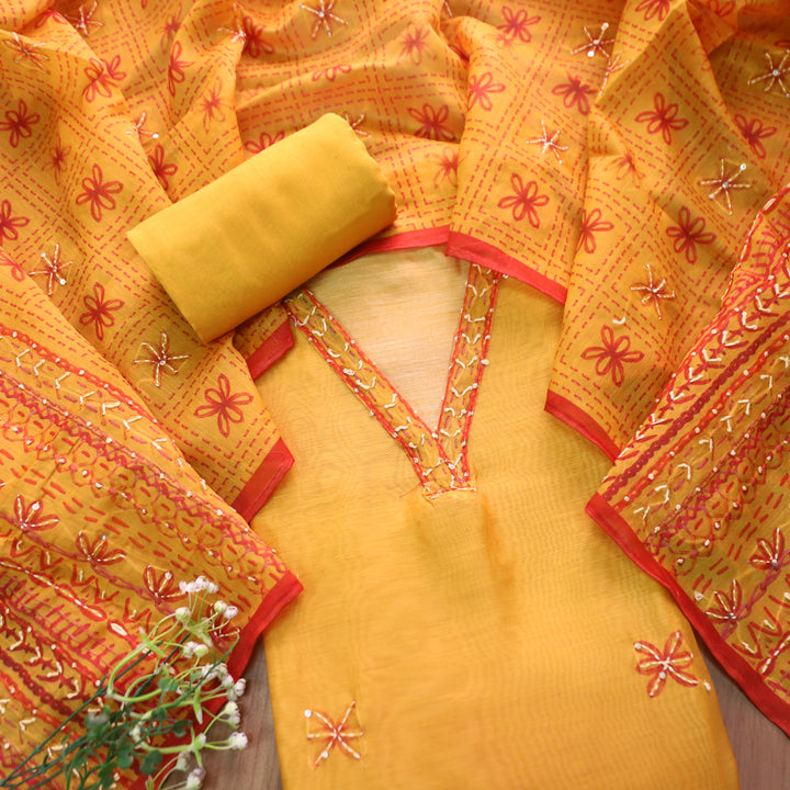 Avisha Butterscoth Orange V Neck Kantha Embroidery Work Chanderi Suit Set