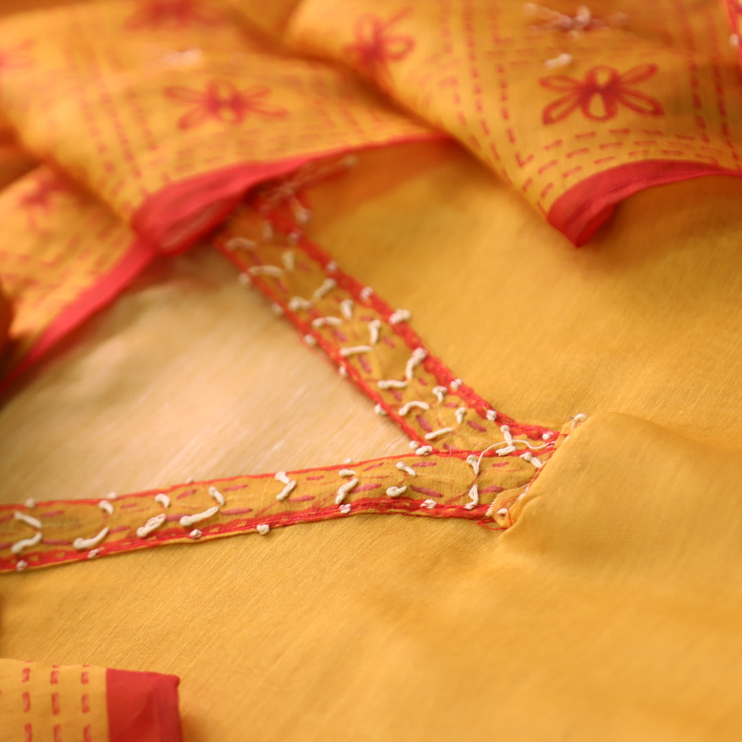 Avisha Butterscoth Orange V Neck Kantha Embroidery Work Chanderi Suit Set