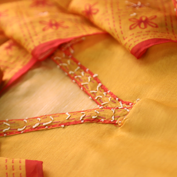 Avisha Butterscoth Orange V Neck Kantha Embroidery Work Chanderi Suit Set