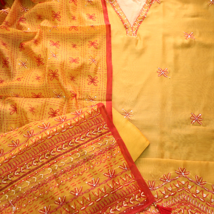 Avisha Butterscoth Orange V Neck Kantha Embroidery Work Chanderi Suit Set