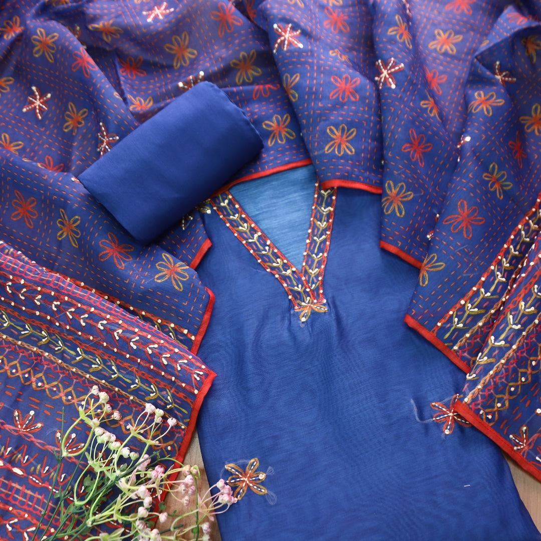 Avisha Peacock Blue V Neck Kantha Embroidery Work Chanderi Suit Set