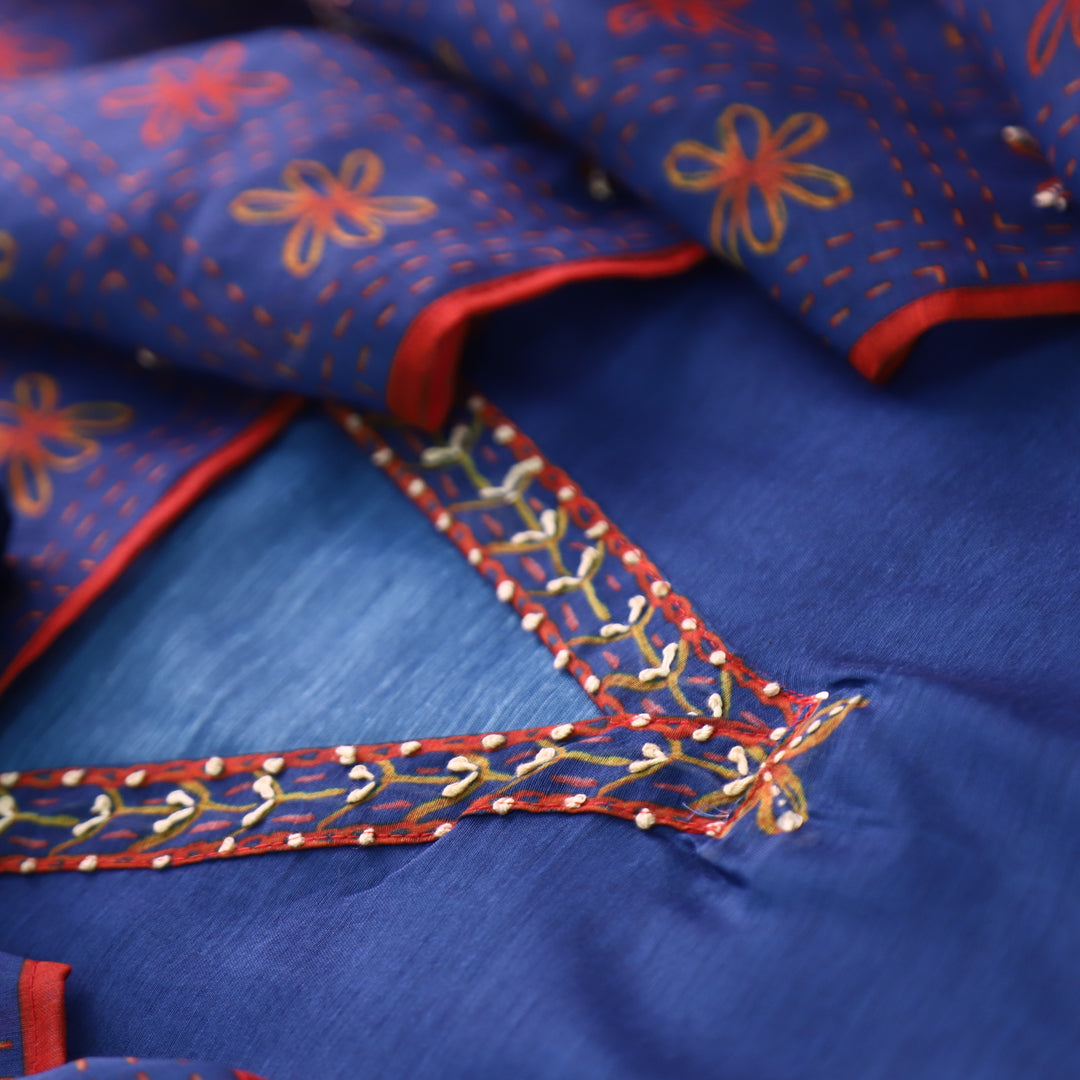 Avisha Peacock Blue V Neck Kantha Embroidery Work Chanderi Suit Set